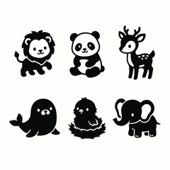 Cute cartoon baby animals set black silhouette