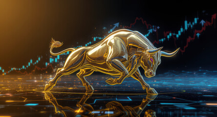 Metallic golden bull charging forward symbolizes strength and optimism financial markets, set against backdrop of rising graphs and digital data. image conveys sense of dynamic energy and growth
