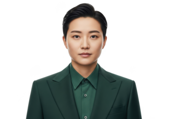 Young adult male with short dark hair wearing a dark green suit and collared shirt looking forward isolated on transparent background