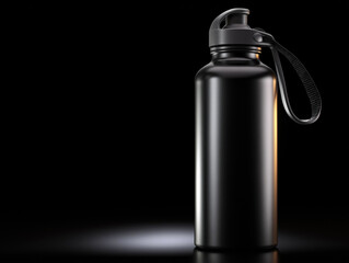 Black water bottle stands on dark surface with light behind