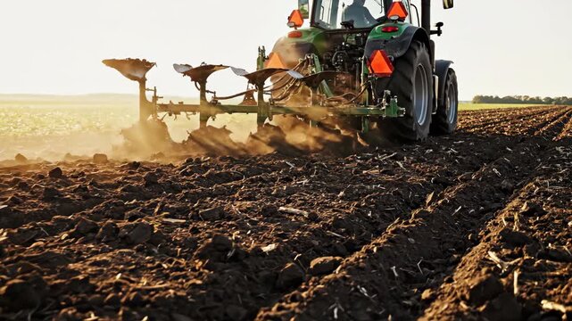 Green tractor plowing, turning dark soil under sunny sky. Farm equipment performs deep tractor plowing operation, preparing land. Agriculture work showing vital tractor plowing contribution to food.