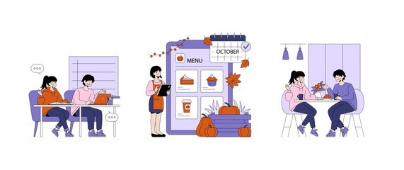 Cozy Autumn Café Scene Vector Illustration with Happy Customers