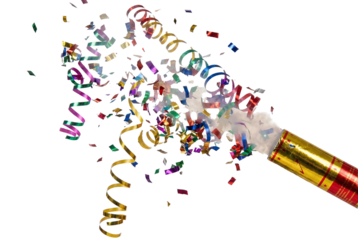 Colorful confetti and streamers exploding from a party popper, transparent background