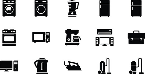 Modern household appliance vector icon set featuring essential kitchen devices, electronics, cleaning tools, home equipment symbols, and everyday utility graphics.
