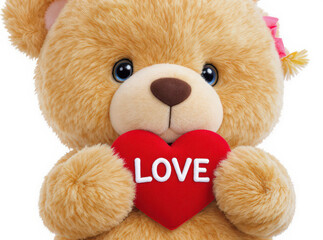 Cute teddy bear holding red heart with word LOVE displayed prominently. This adorable plush toy evokes feelings of affection and warmth, making it perfect gift for loved ones
