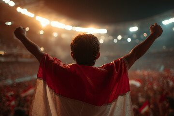 Indonesian Fan Draped in Red and White Flag Raising Arms in Packed Stadium Under Bright Match Lights Celebrating Sports Victory Team Spirit and National Pride