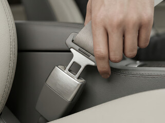 Hand fastening seatbelt in modern vehicle interior, showcasing safety and comfort. sleek design of seatbelt buckle adds touch of elegance to car interior