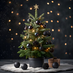 Elegant Black Baubles Holiday Tree on transparent background