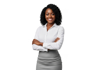 Smiling african american woman wearing white collared shirt and grey skirt posed confidently isolated on transparent background