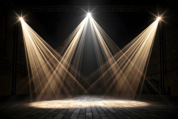 Three bright stage spotlights illuminating a dark wooden floor