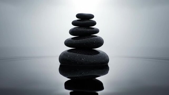 Dark gray stone balance stack perfectly arranged on glossy reflective surface, creating a peaceful visual. This elegant stone balance tower symbolizes tranquility, harmony, and mindfulness.