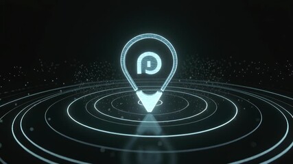 Location pin hologram glowing with neon cyan light. Abstract digital map marker with expanding waves for navigation and GPS concept on dark background. - Powered by Adobe