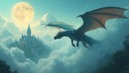 Obraz premium Fantasy dragon flies over cloudy sky near moon and castle. Magical creature soars above mystical kingdom and enchanted forest. Adventure scene with reptile.