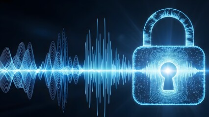 Glowing blue padlock with sound wave on dark background with futuristic design elements