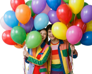 Happy young couple celebrating with a vibrant bunch of balloons, transparent background