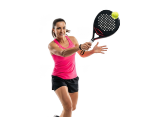 Athletic woman in athletic wear playing padel tennis with a racket and ball isolated on transparent background