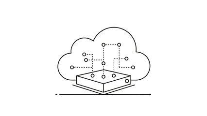 Simple line art icon depicting cloud computing infrastructure with a connected server or data processing unit