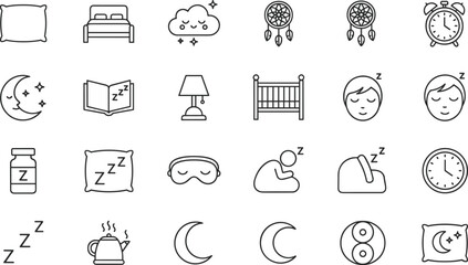 Sleep and relaxation icon set featuring pillows, beds, moon, clouds, dreamcatchers, alarms, meditation, night routine elements and peaceful bedtime symbols.