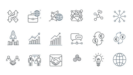 Collection of dark blue line art icons representing global business finance strategy development and networking concepts