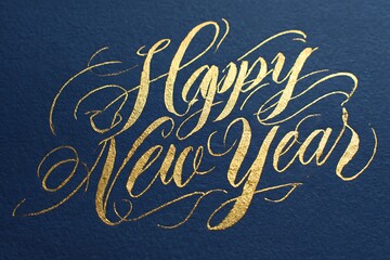A elegant "Happy New Year" calligraphy script written in gold foil on a deep navy blue background 