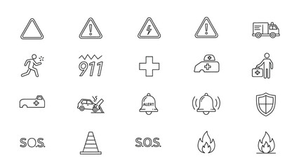 Fototapeta premium Collection of thin line emergency and safety icons featuring warning signs medical help and alert symbols