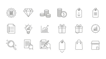 Outline finance and commerce icons set featuring money growth analysis shopping and business concepts