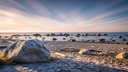 Large rocks on a rocky beach at sunset with a serene ocean view