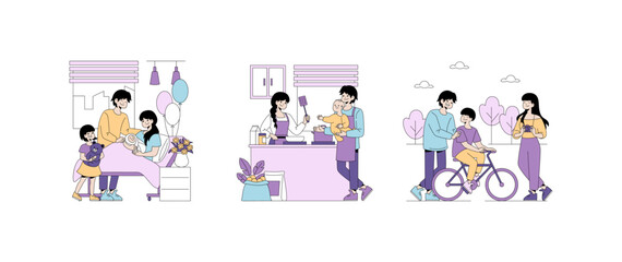 Fototapeta premium Happy Family Moments Vector Illustration Set