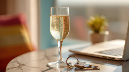 Luxury bleisure resort sparkling wine glass on table with laptop and keys evoking relaxed work travel mood