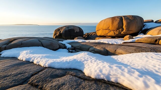 Snowy rocky beach with large boulders and calm sea on a sunny day with clear blue sky - Powered by Adobe