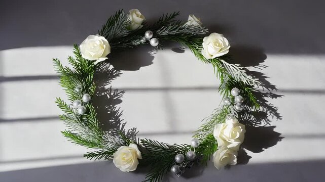 Festive Winter Pine Branch Arrangement with Silver Berries and Soft Light, Holiday Season Decoration, Natural Elements, Christmas Still Life.