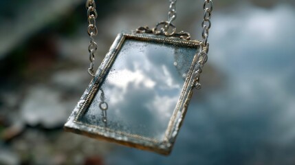 Reflection of clouds captured in a vintage frame hanging from a chain near a body of water on a cloudy day
