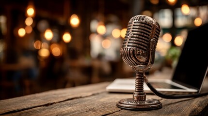 Vintage microphone on a wooden table in a warmly lit cafe setting with a laptop in the background