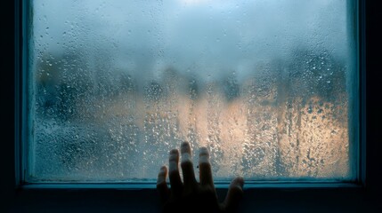Hand reaching out to a foggy window with raindrops on the glass, depicting a sense of longing and connection to the outside world during a rainy day