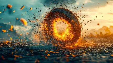Bright sparks and flames surround an exploding tire in a dramatic sunset scene showing industrial energy and motion in action