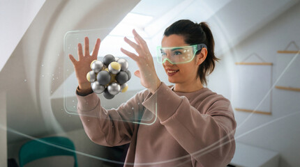 Woman Interacting With a Futuristic Molecular Hologram