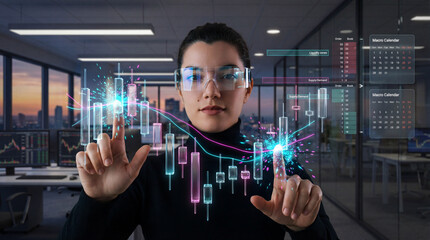 Businesswoman with interactive Holographic Candlestick Chart Analysis