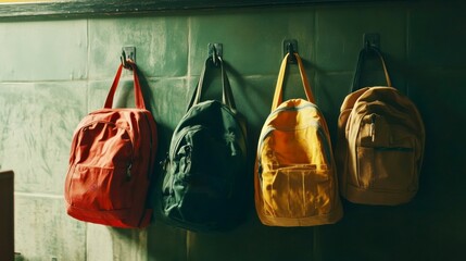 Colorful backpacks hanging on hooks in a cozy setting, showcasing different styles and designs for various occasions and uses