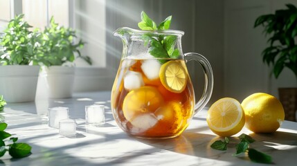 Iced tea with lemon and mint in a glass pitcher on a marble table in a sunlit kitchen during summer, capturing freshness and refreshment