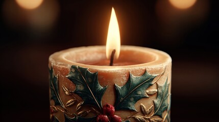 A close-up of a Christmas candle with a holly design, flickering flame,