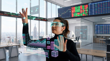 Holographic Data Analyst Interacting With Futuristic Market Visualizations in Modern Office