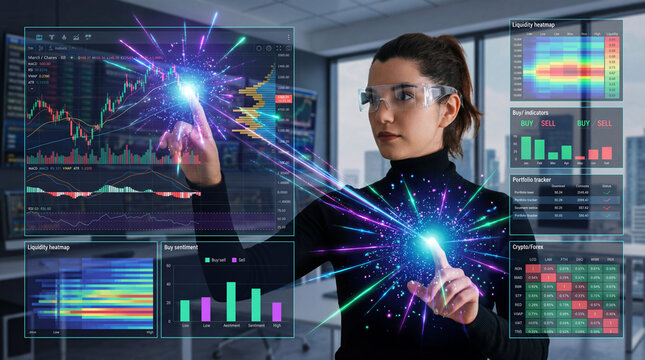 Analyst Using Futuristic Trading Holograms in Financial Office - Powered by Adobe