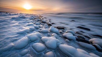 Ice formations on a rocky beach at sunset with waves crashing