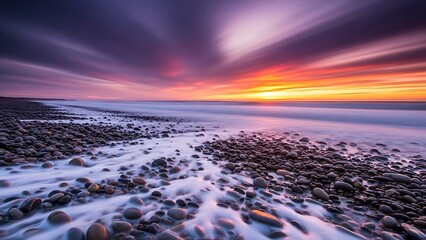 Serene beach scene at sunset with vibrant colors and gentle waves on rocky shore