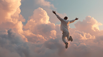Cloud Dancer Energetic Silhouette of Man Leaping with Outstretched Arms Against a Majestic Sky with Golden, Fluffy Clouds, Symbolizing Joy, Freedom, and Triumph Colour of the Year 2026