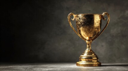 Golden trophy cup standing on dark textured surface under dramatic spotlight symbolizing victory achievement leadership and success ideal for sports awards or motivation themes
