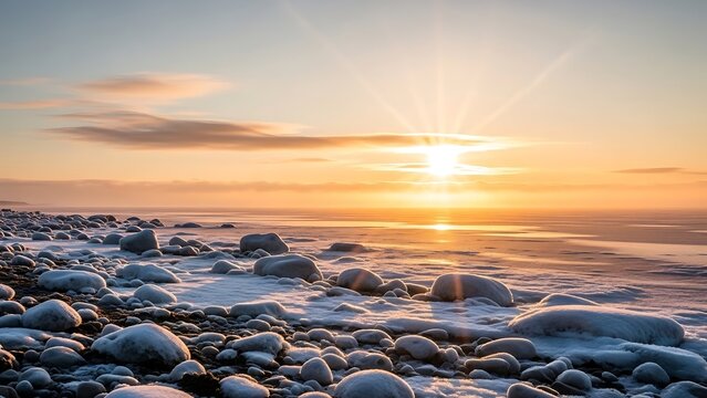 Serene winter beach scene with icy rocks at sunset on a calm ocean shore