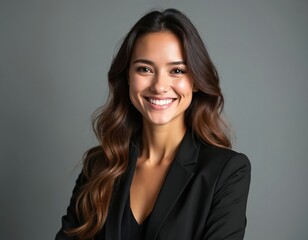 Obraz premium Attractive woman in black suit smiles warmly. She has long brown wavy hair and appears confident and professional. Her look conveys success and approachability in business.