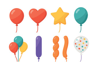 Colorful balloon collection, hearts and stars, flat vector illustration