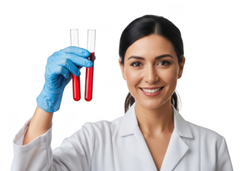 Smiling woman scientist in white lab coat and blue gloves holding two red liquid filled test tubes isolated on transparent background